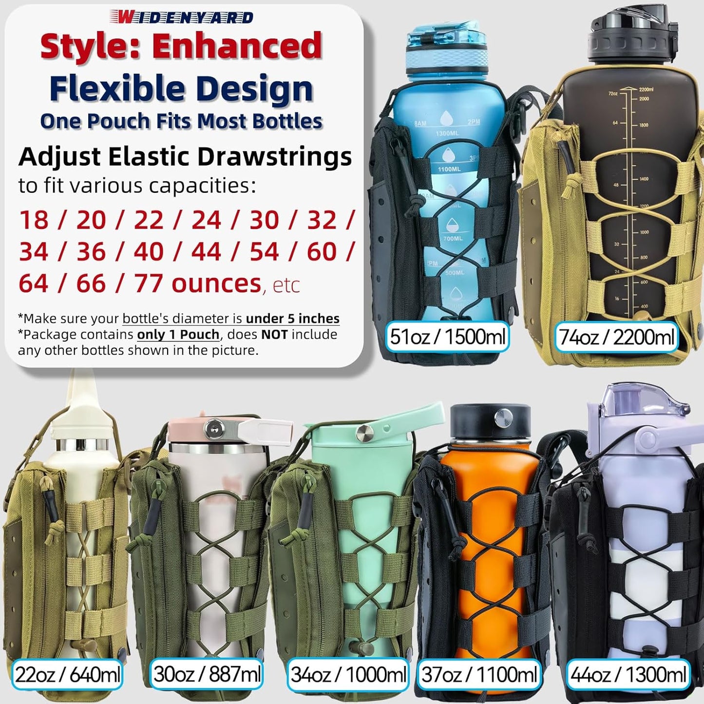 Molle Water Bottle Holder Pouch, 16-77 oz Adjustable Capacity Tactical Bottle Bag, Compatible with Backpack, Vest, Belt for Outdoor Activities