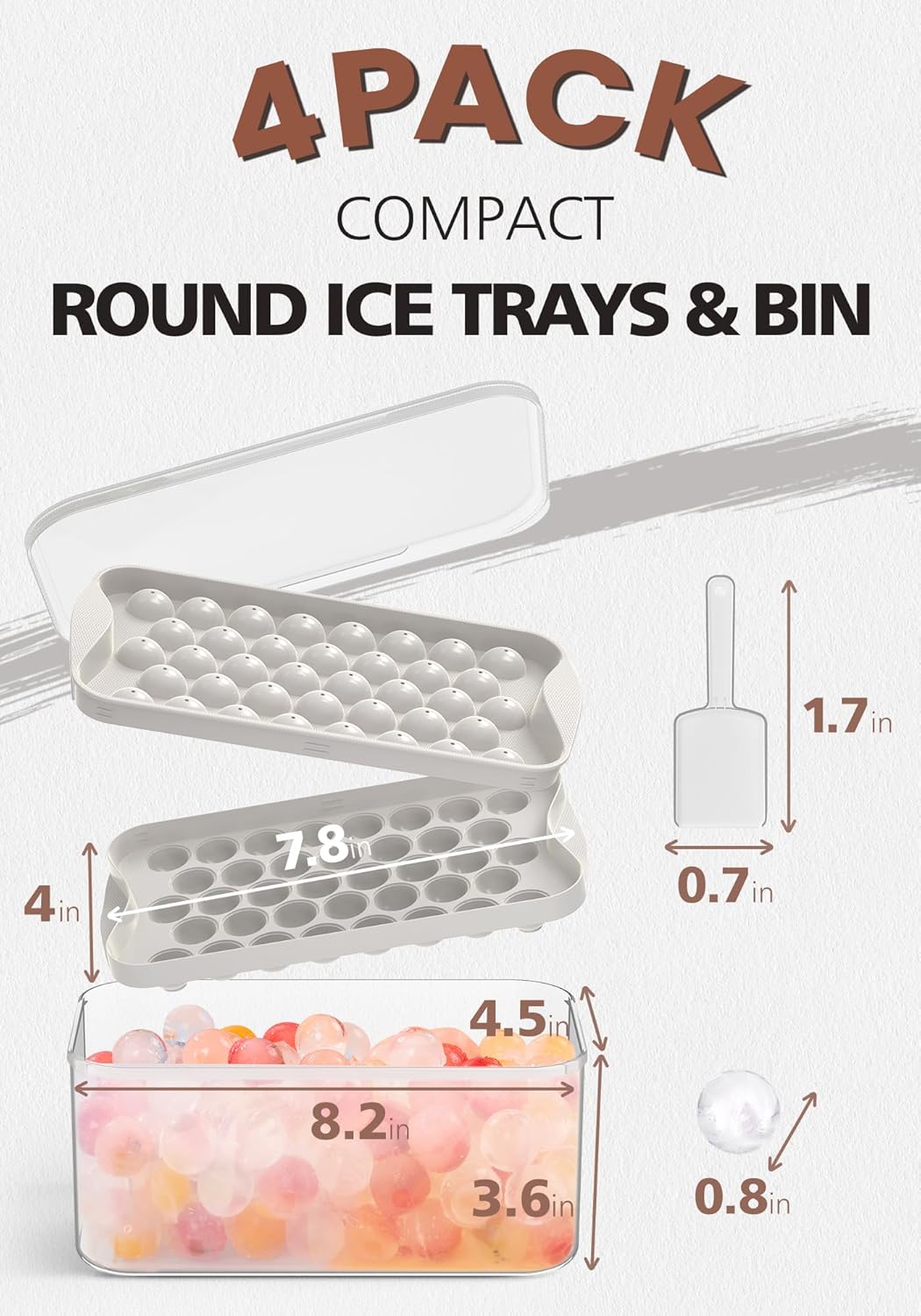 DOQAUS Ice Cube Trays with Lid and Bin, Easy Twist Release 0.8 Inch Mini Ice Balls, BPA-Free Food-Grade Ice Molds for Freezer, Iced Coffee, Cocktails (4 Pack)