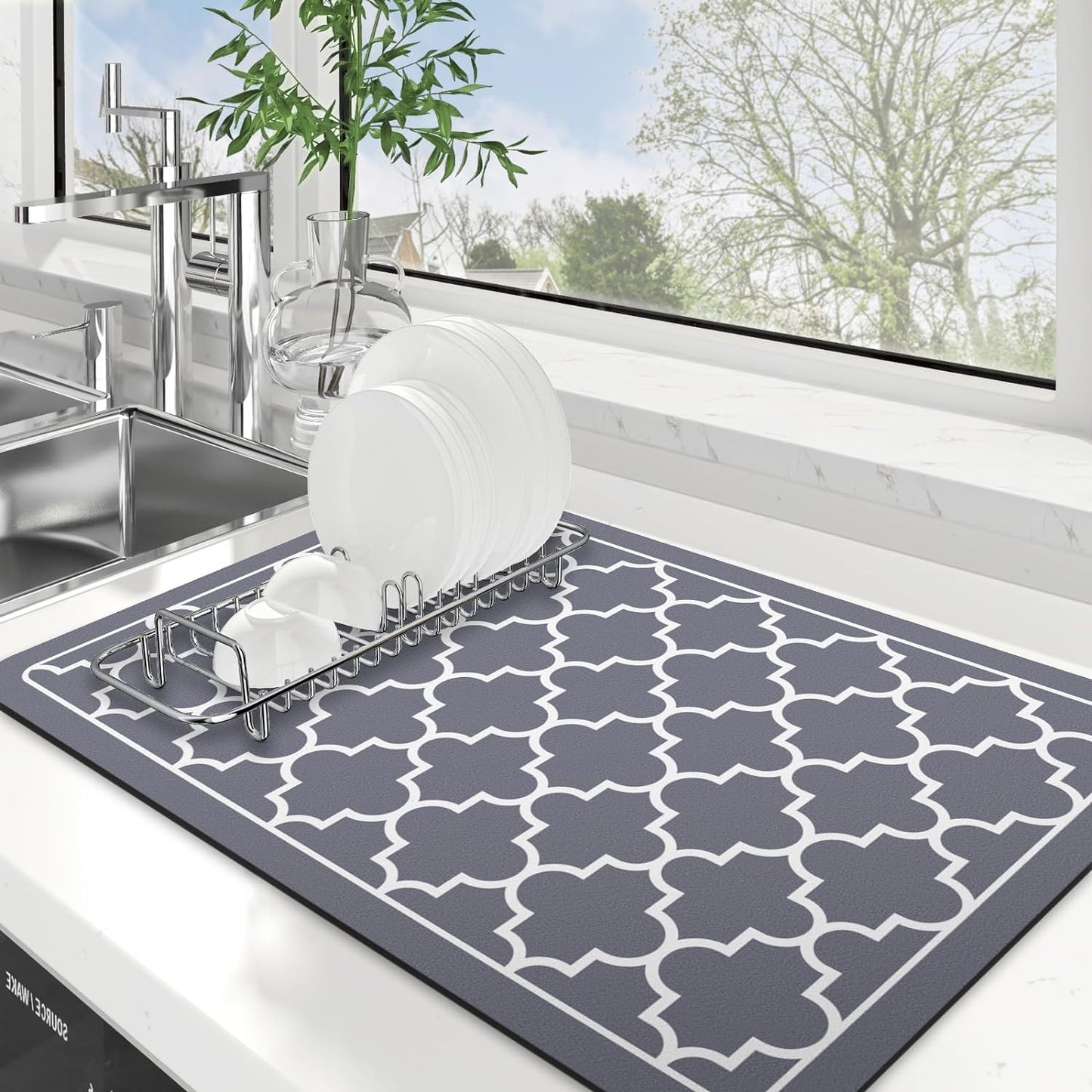 WISELIFE Dish Drying Mat Super Absorbent Drying Mat Large Dish Drying Mats for Kitchen Counter Easy Clean Dish Mat Kitchen Drying Mat15"x 18" Stylish Grey