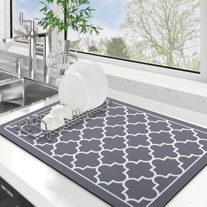 WISELIFE Dish Drying Mat Super Absorbent Drying Mat Large Dish Drying Mats for Kitchen Counter Easy Clean Dish Mat Kitchen Drying Mat15"x 18" Stylish Grey