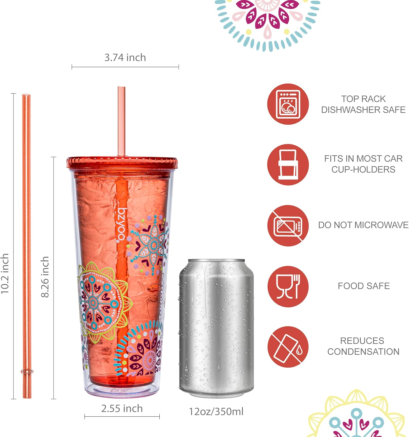 bzyoo SIP 24oz (710ml) Double Wall Plastic Tumbler with Lid and Straw Cold Drink Travel Mug Reusable Party Cup Perfect for Office Ice Coffee or Tea and Gift Color: Pink & Purple