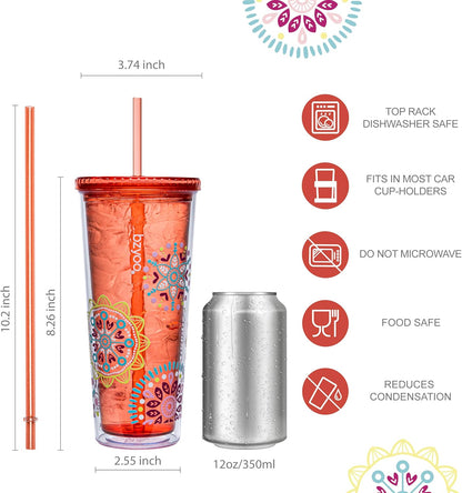 bzyoo SIP 24oz (710ml) Double Wall Plastic Tumbler with Lid and Straw Cold Drink Travel Mug Reusable Party Cup Perfect for Office Ice Coffee or Tea and Gift Color: Pink & Purple