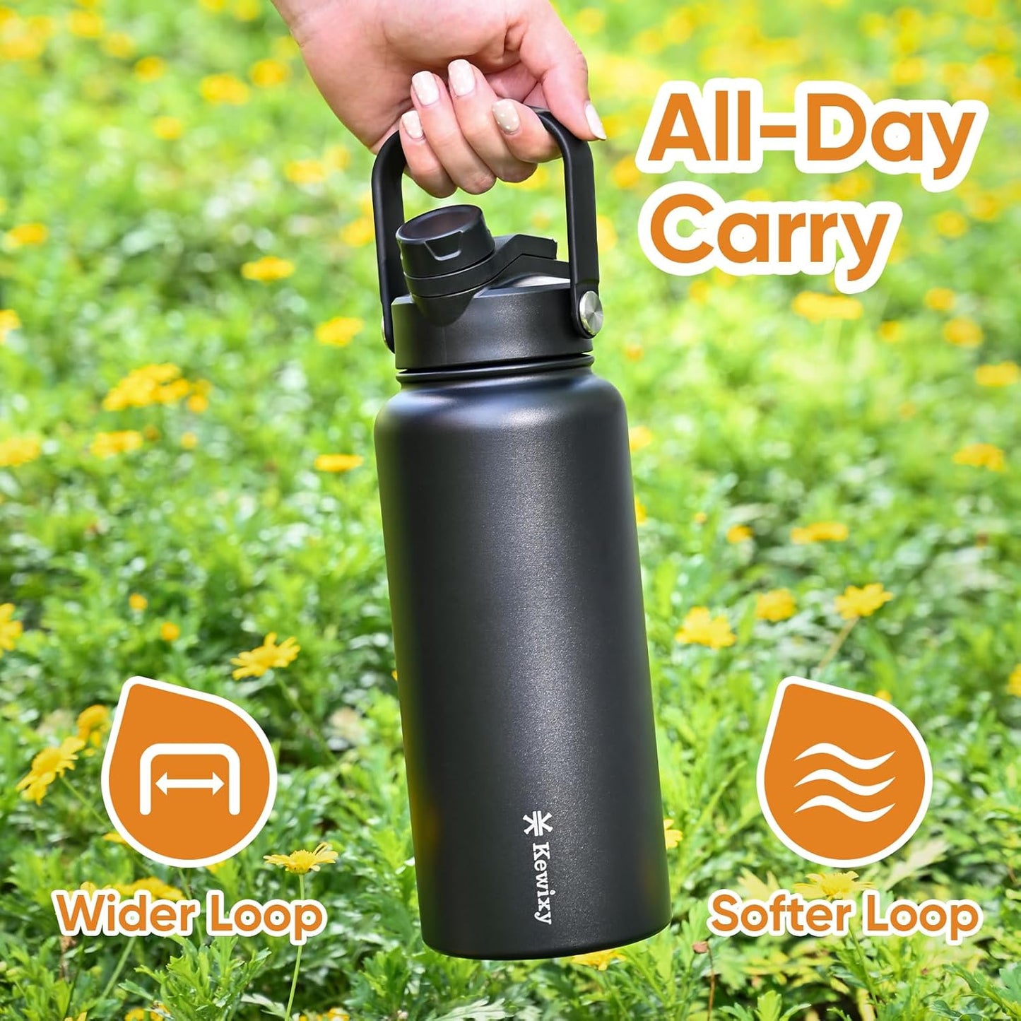 KEWIXY 32 oz Insulated Water Bottle, 2-in-1 Lid, Straw & Spout with Protected, Leak Proof, Keep Cold, Stainless Steel, Metal, Reusable, Handle, for Outdoor, Gym and School, 2 Lids, Blush Pink