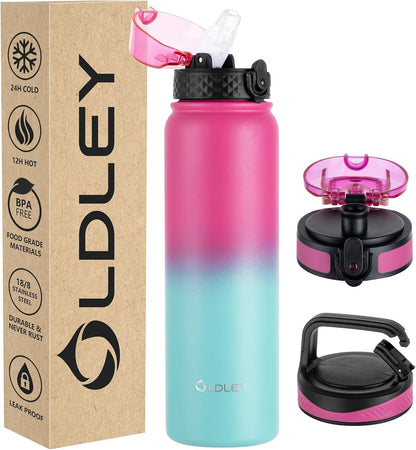 Oldley Insulated Water Bottle 20oz for Adults Kids Stainless Steel Water Bottles with Straw/Chug/Carabiner 3 Lids Fruit Strainer Double Wall Vacuum Wide Mouth BPA Free Leak-Proof for School Travel