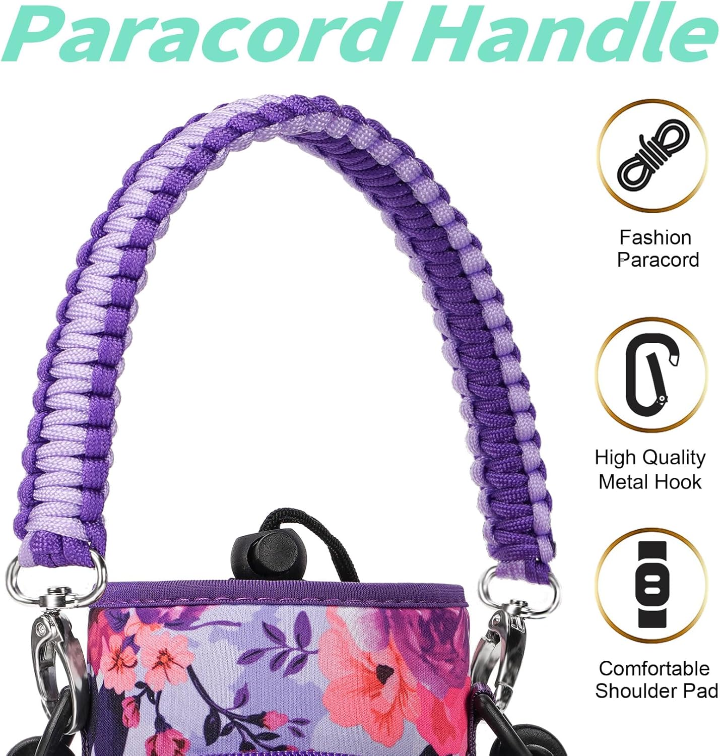 AceTreker 32/40/64/87/128 oz Water Bottle Carrier Bag, Neoprene Water Bottle Sleeve with 4 Pocket, Sport Water Holder with Paracord Handle and Shoulder Strap for Walking Hiking Camping Gym