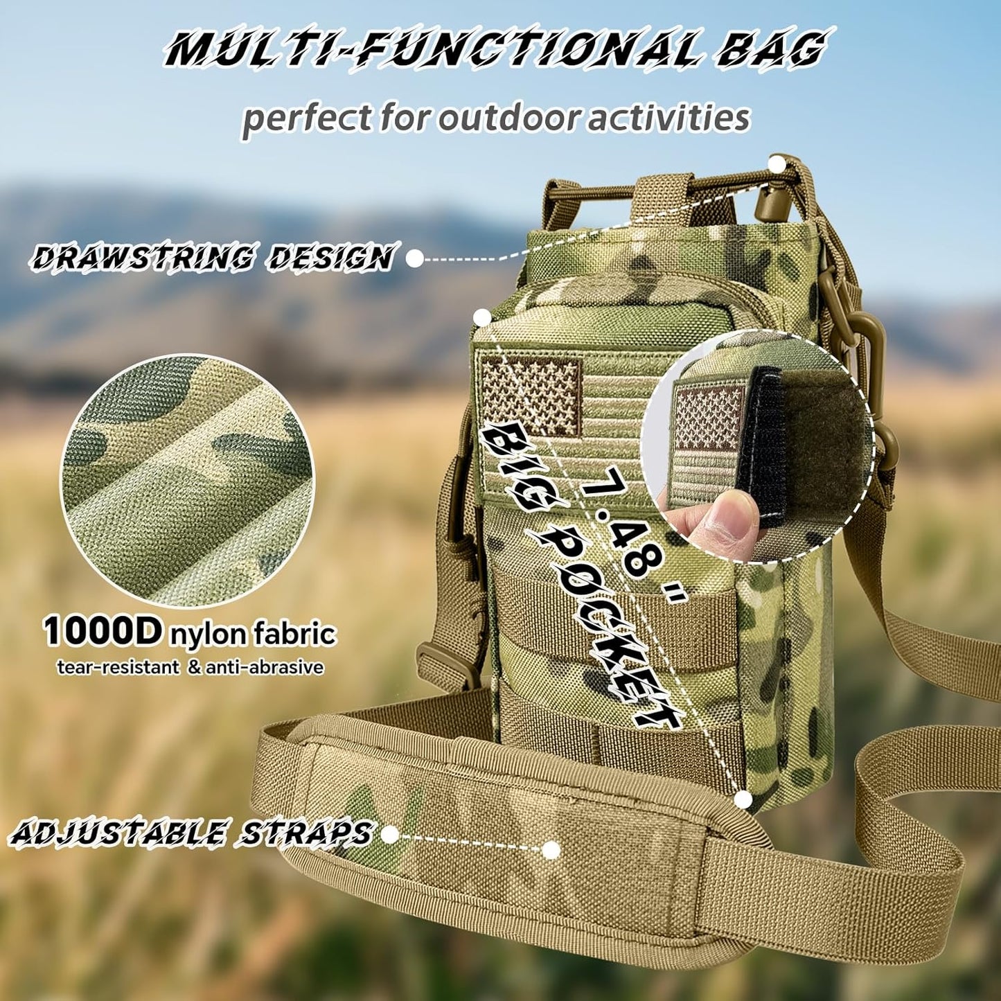 Water Bottle Holder with Strap - Tactical Insulated Water Bottle Sleeve with MOLLE System Water Bottle Cover Cross-Body Pouch for Walking Hiking Camping Gym 32oz&40oz