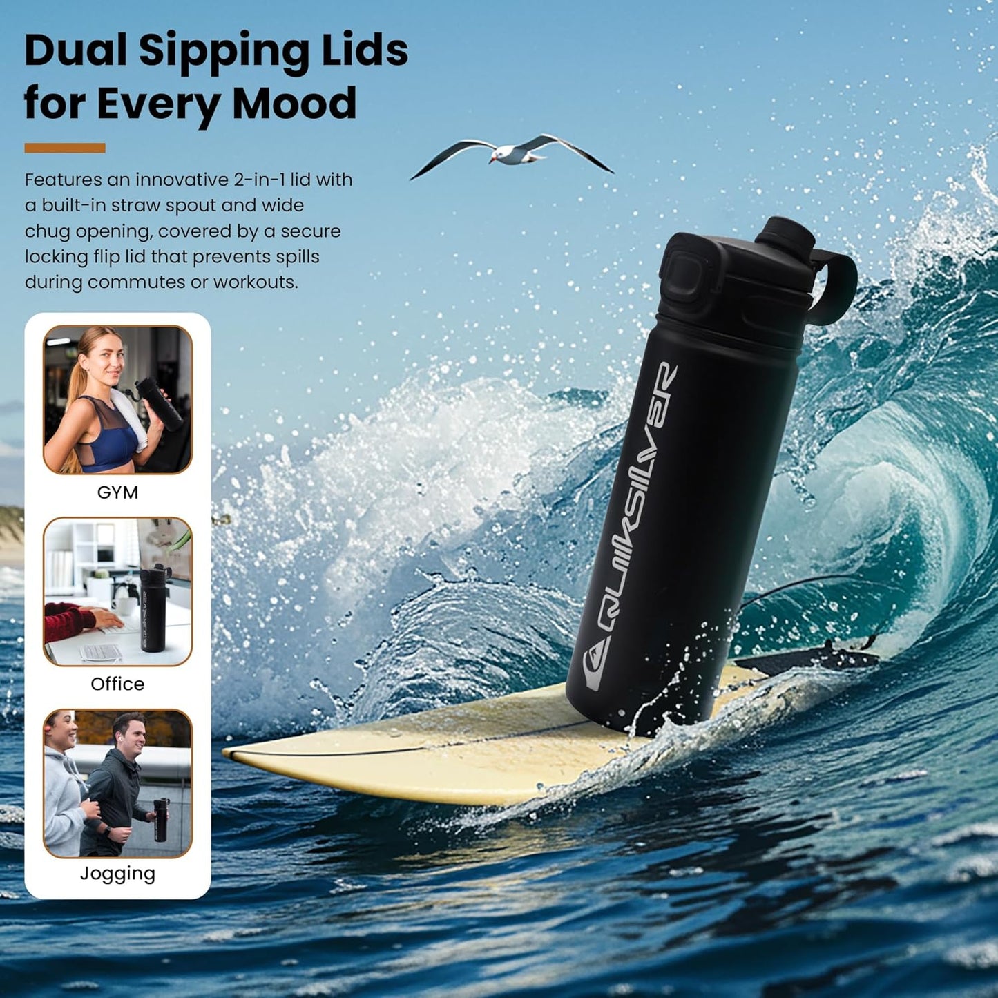 Quiksilver Laguna 32oz Tripple Wall Stainless Steel Water Bottle, Reusuable Sports Bottle with Leak-Proof Straw and Spout Lid, Non-Slip Rubber Base, Carrier Handle, 24H Hot & Cold Insulated Tumbler