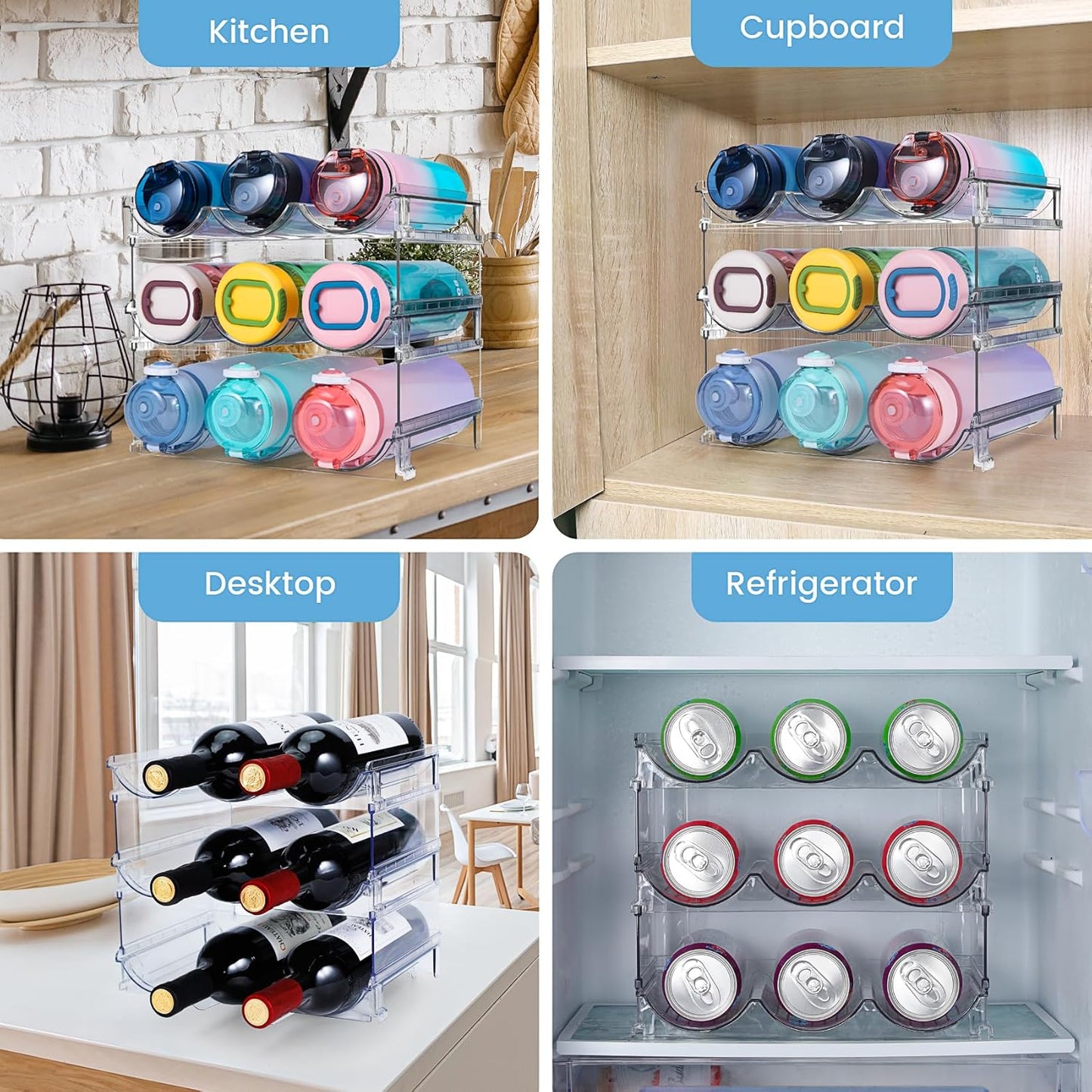 spospo Water Bottle Organizer for Cabinet, Water Bottle Storage Organizer, 2 Packs Water Bottle Storage Rack, Water Bottle Holder for Cabinet, Stackable Water Bottle Storage Rack
