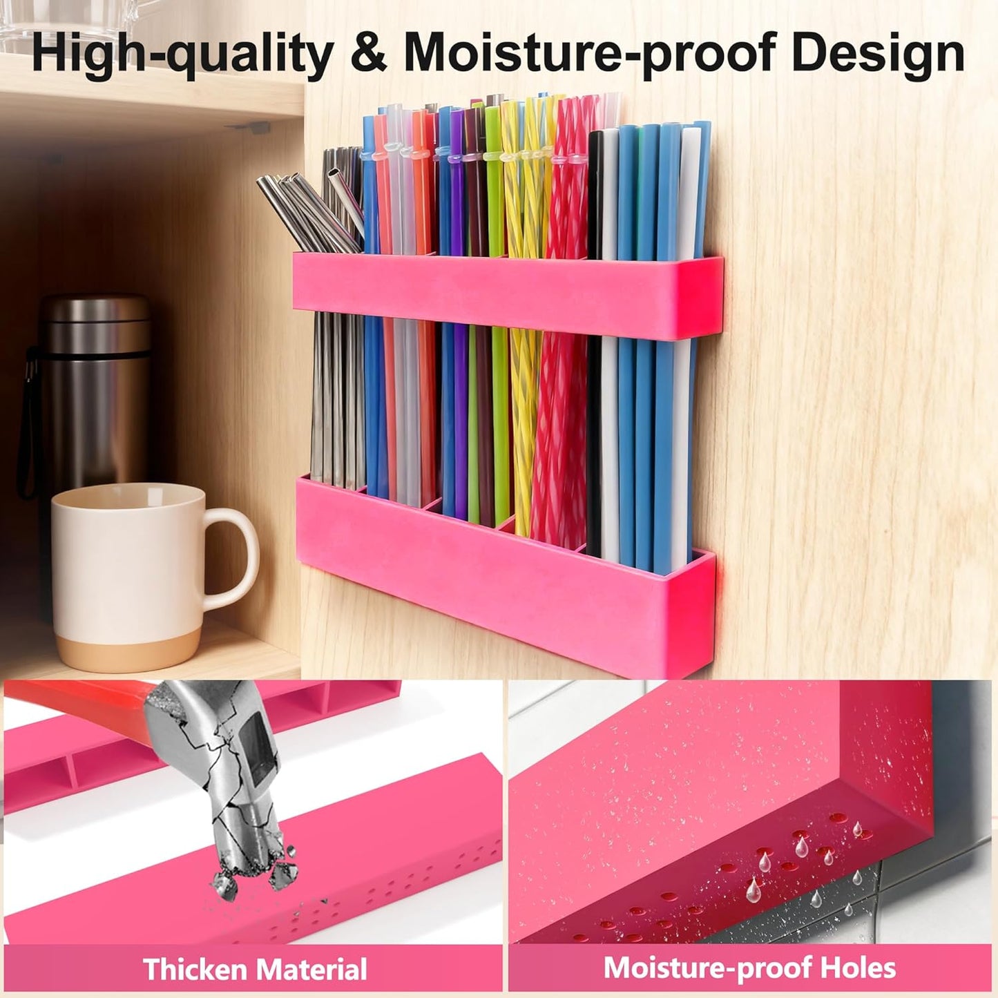 9.5” Large Acrylic Straw Holder for Cabinet Door, Reusable Adjustable Two-Part Straws Organizer with Ultra Sticky Adhesive Strips, 2026 Straw Storage for Kitchen Cupboard (Transparent)