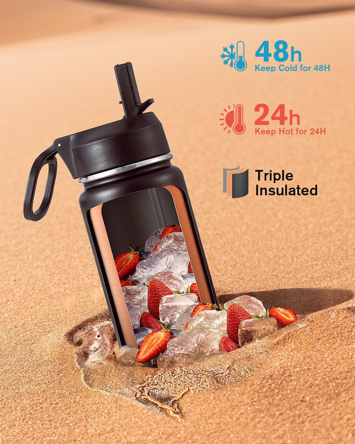 Half Gallon Water Bottle Insulated with Straw & 3 Lids, Coolflask 64 oz Water Jug Large Metal Stainless Steel Wide Mouth for Sports, Gym or Office, Non-BPA Keep Cold 48H Hot 24H, Samurai Cyan