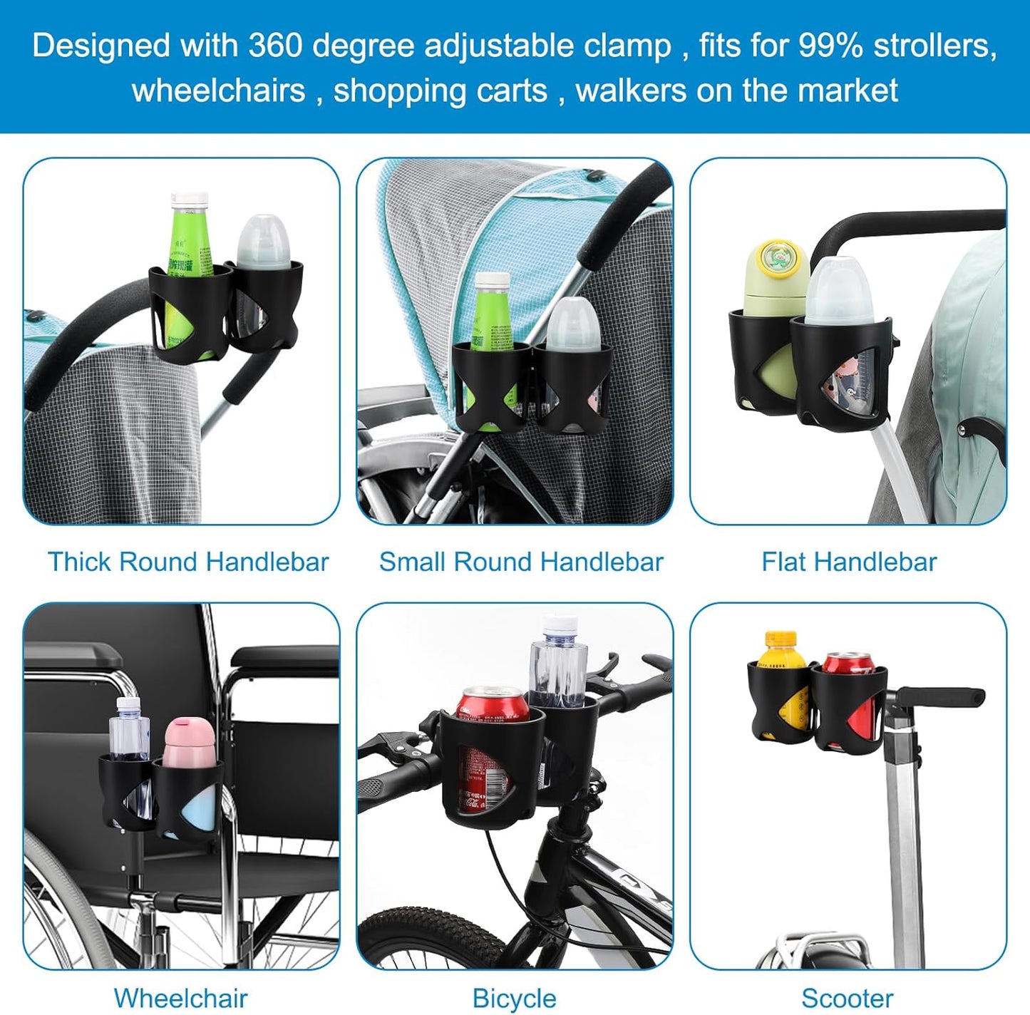 Accmor Stroller Cup Holder, Universal Cup Holder for Walker Wheelchair Bike, 360° Rotatable Stroller Cup Holder Attachment Accessories for Walker, Wheelchair, Scooter