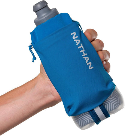 Nathan SpeedDraw 2 Insulated Handheld Running Water Bottle Flask 18oz – Double-Wall Insulation, Ergonomic Grip, Blast Valve Cap, Phone & Key Storage Pockets, Reflective Design
