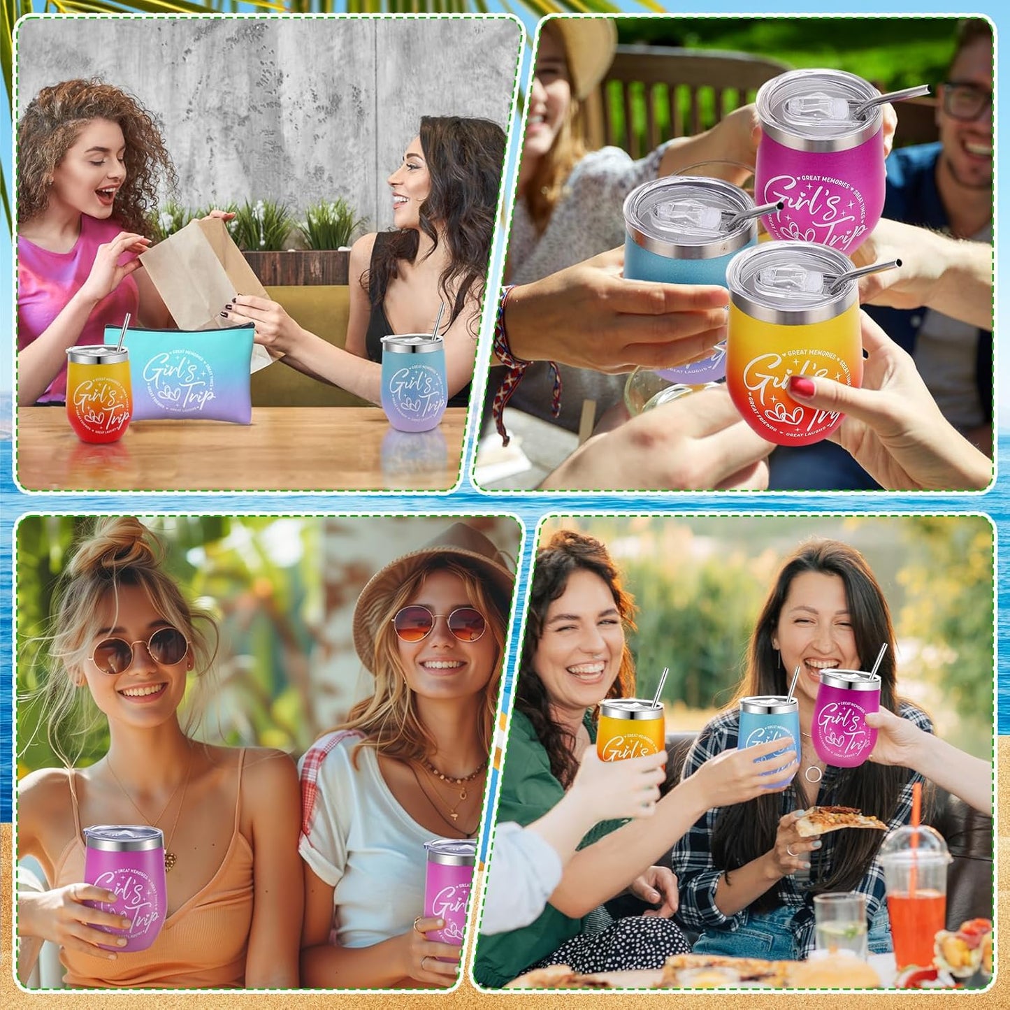 Ovveroche12 Pcs Girls Trip Gifts Set Include 4 Friends Wine Tumbler with Lid And Straw 12 Oz 4 Friends Cosmetic Bag 4 Keychains Bulk Friend Appreciation Gifts Set for Girls Weekend Bachelorette Travel