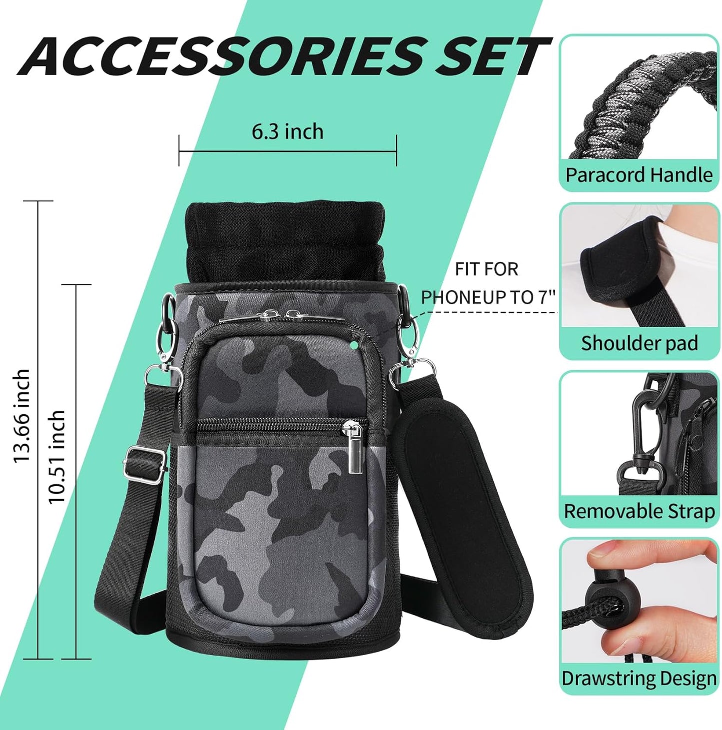 AceTreker 32/40/64/87/128 oz Water Bottle Carrier Bag, Neoprene Water Bottle Sleeve with 4 Pocket, Sport Water Holder with Paracord Handle and Shoulder Strap for Walking Hiking Camping Gym