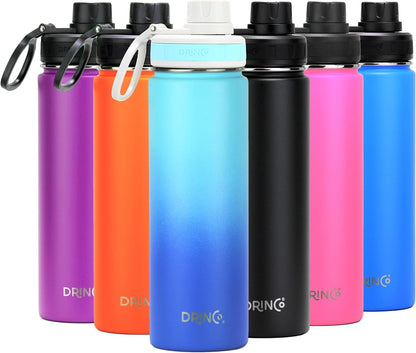 Drinco Stainless Steel Water Bottle Spout Lid Vacuum Insulated Double Wall Water Bottle Wide Mouth (40oz 32oz 22oz 18oz 14oz) Leak Proof Keep Cold Sport Camping Hiking (22 oz, 22oz Black)