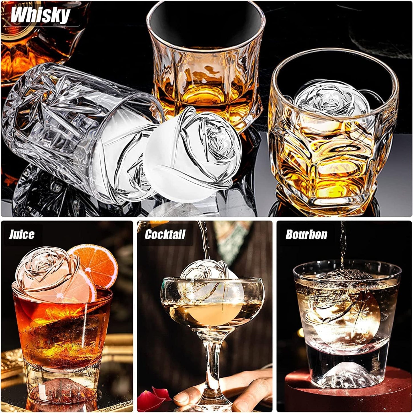Ice Cube Tray, Mikiwon 2 inch Rose Ice Cube Trays With Covers, 3 Cavity Silicone Rose Ice Tray & 3 Diamond Ice Ball Maker, Easy Release Large Ice Cube Form for Chilled Cocktails, Whiskey Juice Black