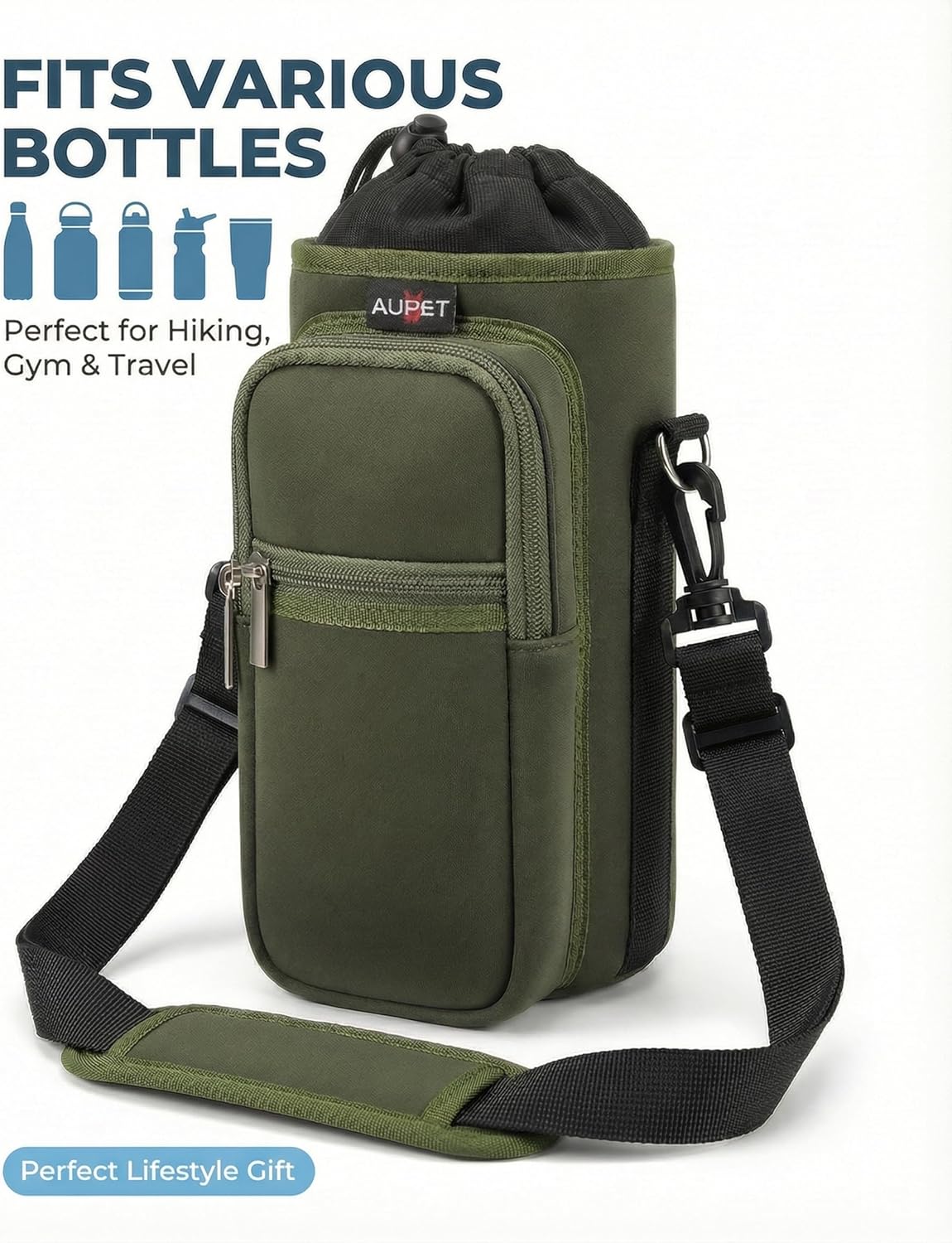AUPET Water Bottle Sling Bag Sleeve Holder Carrier 25/32/40/64 oz,Insulated Crossbody Water Bottle Case Cover with Strap and Pockets for Men/Women Walking Hiking