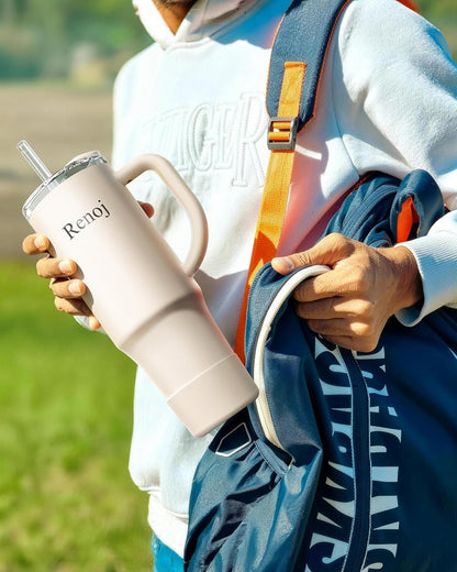 Renoj Insulated Mug 100% Leak Proof Insulated Water Bottle for Iced Coffee & Hot Drinks - Fits Car Cup Holder, Ideal Gift, 2 Straws & Silicone Boot - SnapShift Pink 32 oz