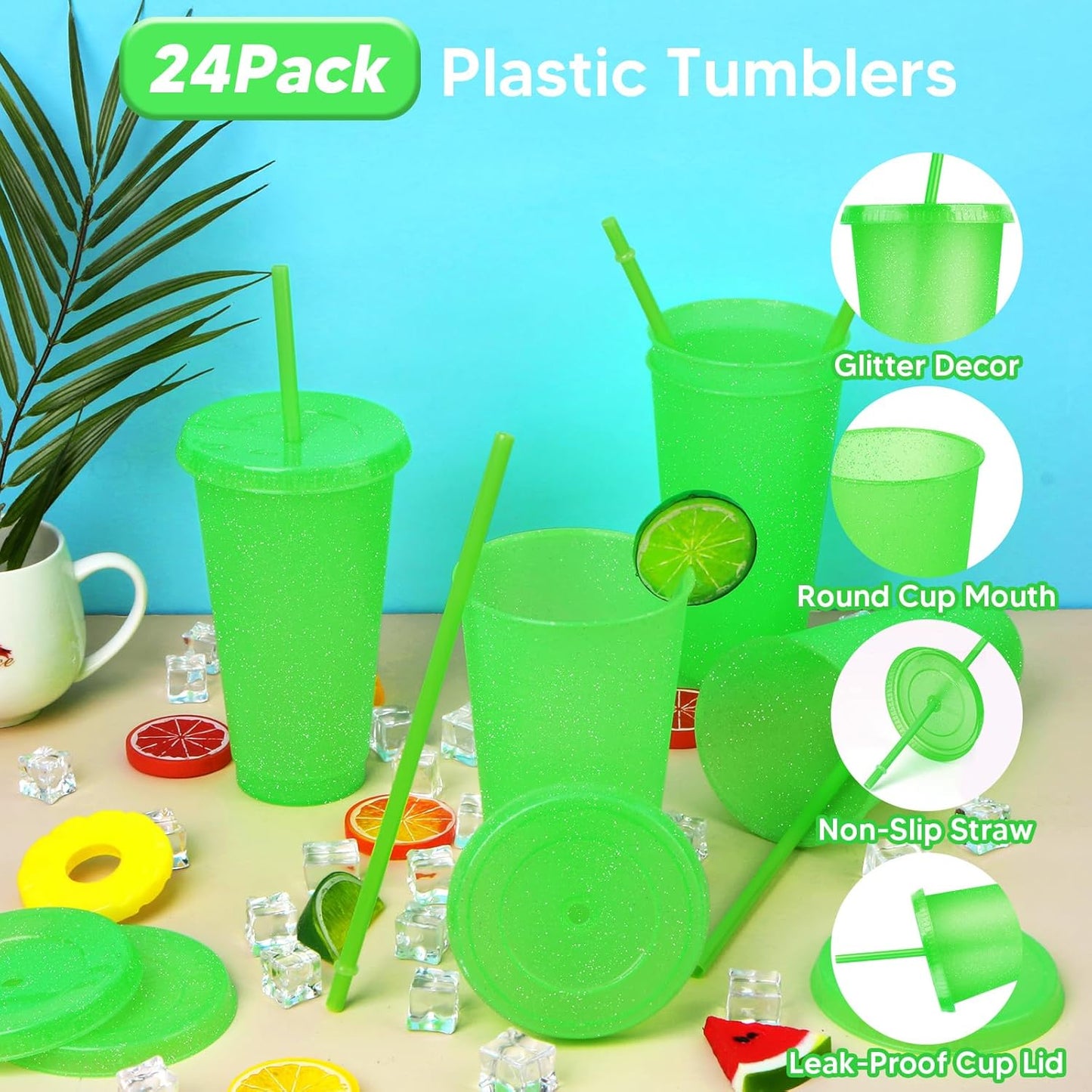 24 Pack Plastic Tumblers with Lids and Straw, Reusable Cups with Lids and Straws Colorful Cups for Cold Drink Iced Coffee, Plastic Tumbler Bulk for Party Birthday Gifts (24 oz, Stylish Colors)