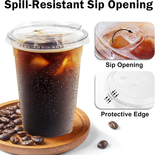 BYSNOW 100 Pack 16 oz Clear Plastic Cups with Lids, Disposable Iced Coffee Cups with Sip Lids, Sturdy Plastic Smoothie Cups for Cold Drinks