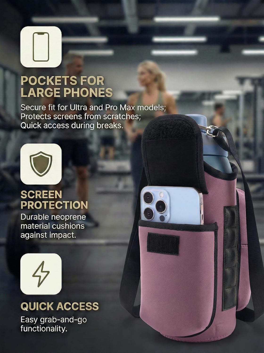 Magnetic Gym Tote,18-40oz Water Bottle Bag Holder,Neoprene Case Pouch with Phone Pocket,Men Women Workout Accessories