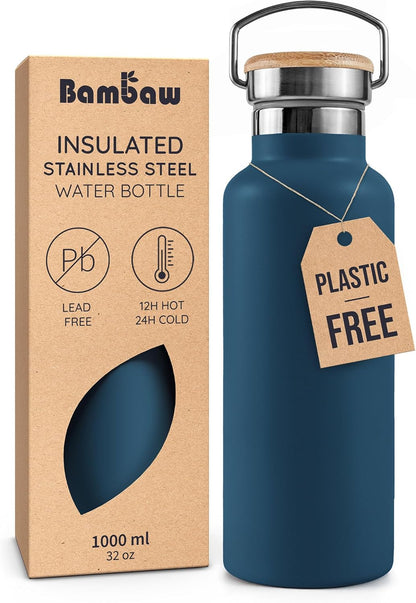 Bambaw 24 oz Stainless Steel Water Bottle, Insulated Metal Water Bottle Wide Mouth, Great for Hiking & Travel, With Handle Easy to Carry, Rust-Resistant & Durable (Aegean Blue)