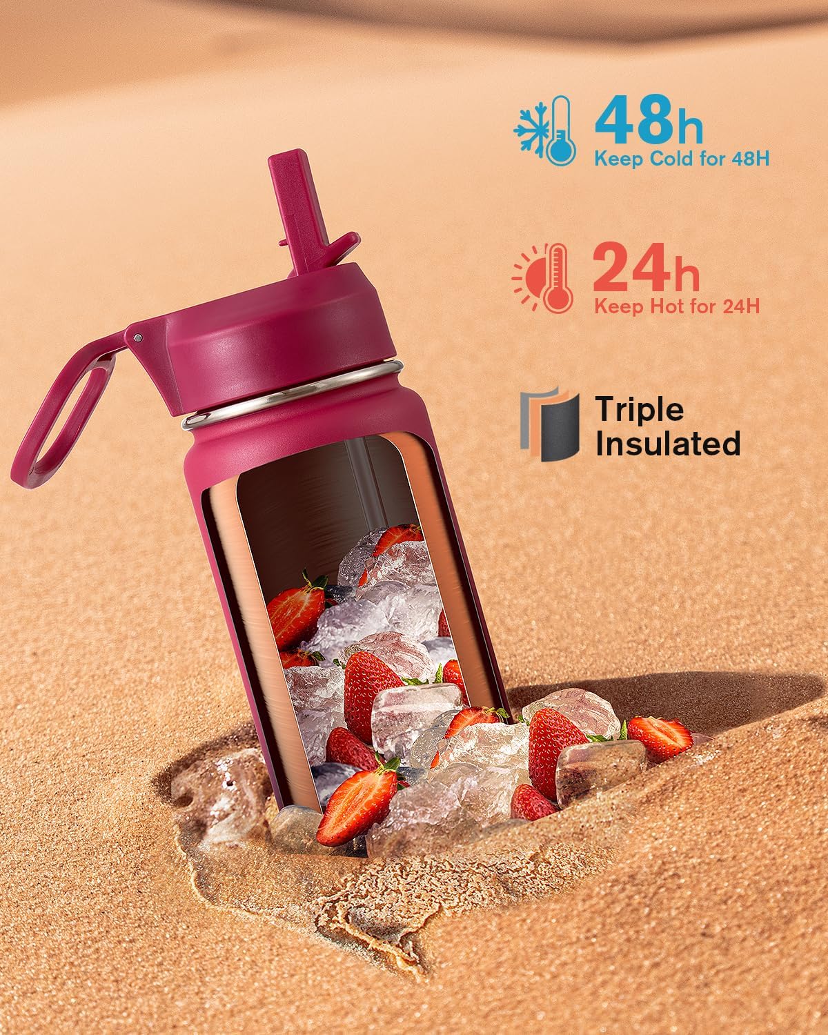 Half Gallon Water Bottle Insulated with Straw & 3 Lids, Coolflask 64 oz Water Jug Large Metal Stainless Steel Wide Mouth for Sports, Gym or Office, Non-BPA Keep Cold 48H Hot 24H, Samurai Cyan