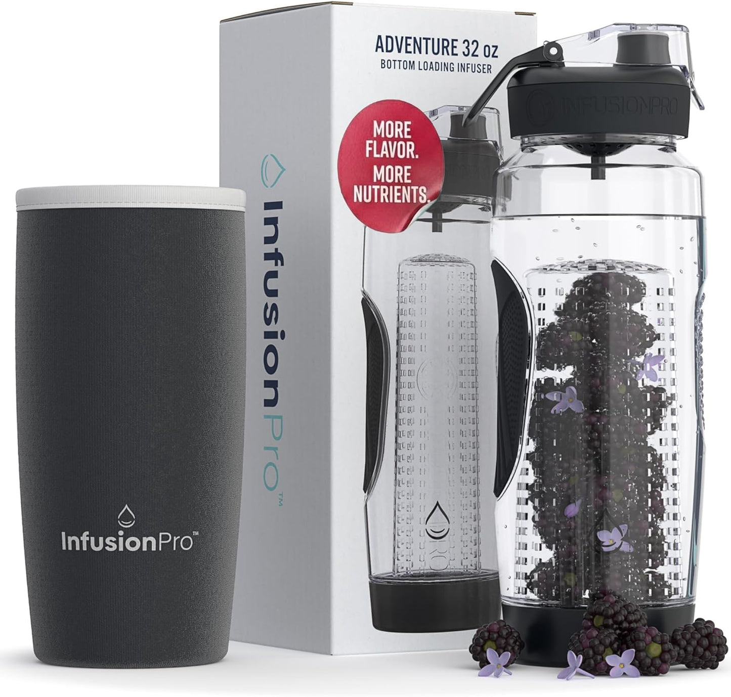 Infusion Pro 32 oz Fruit Infuser Water Bottle with Insulated Sleeve & 50 Recipe Fruit Infusion Water eBook : Bottom Loading, Large Water Infuser for More Flavor : Unique Gift Idea for Women