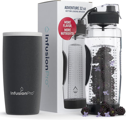 Infusion Pro 32 oz Fruit Infuser Water Bottle with Insulated Sleeve & 50 Recipe Fruit Infusion Water eBook : Bottom Loading, Large Water Infuser for More Flavor : Unique Gift Idea for Women