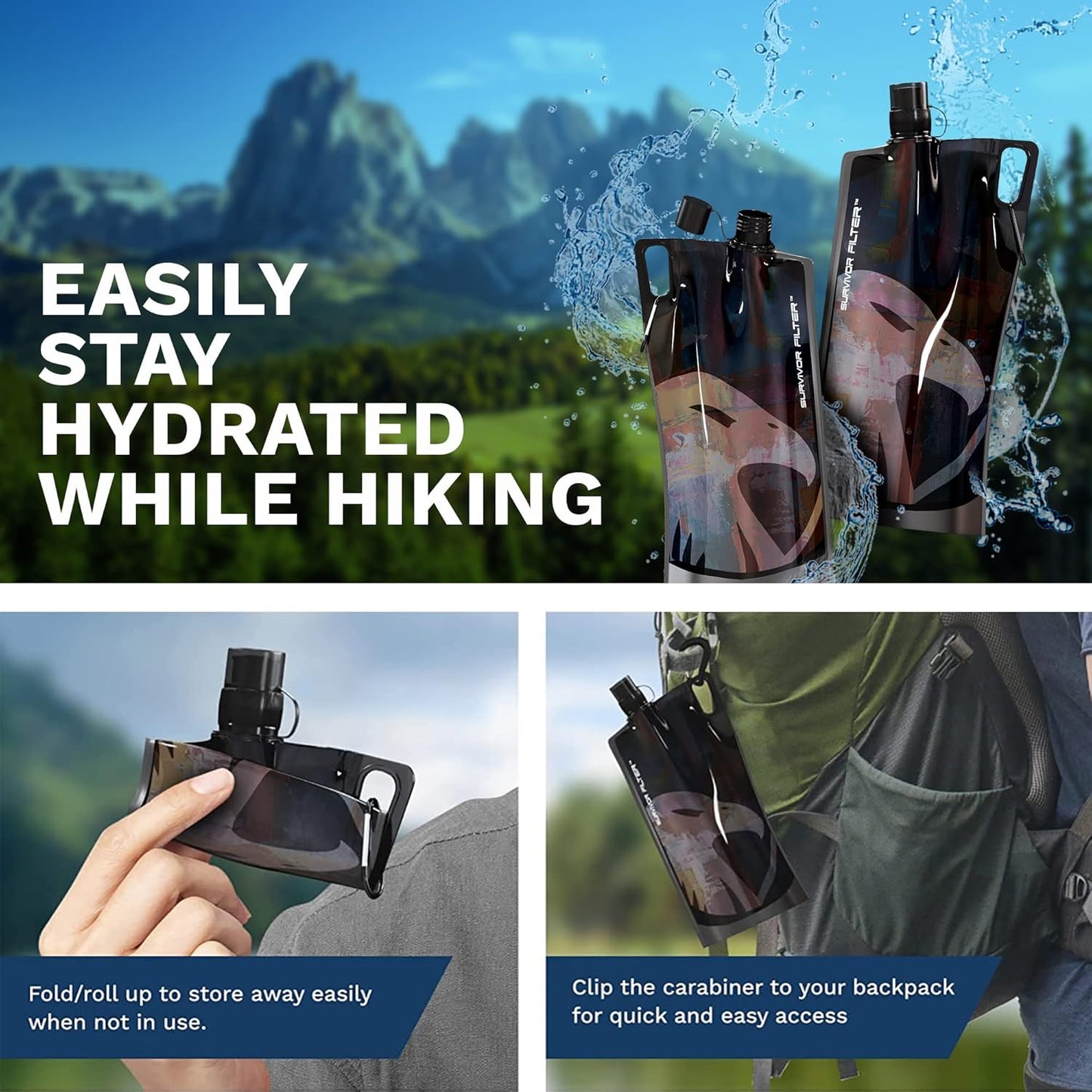 Survivor Filter Clear Collapsible Water Bottles - Travel, Hiking, Foldable, BPA-Free - 2 x