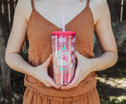 Silver Buffalo Sanrio Hello Kitty Milk Carton Pattern Plastic Boba Tumbler w Lid and Wide Straw, 24 Ounces