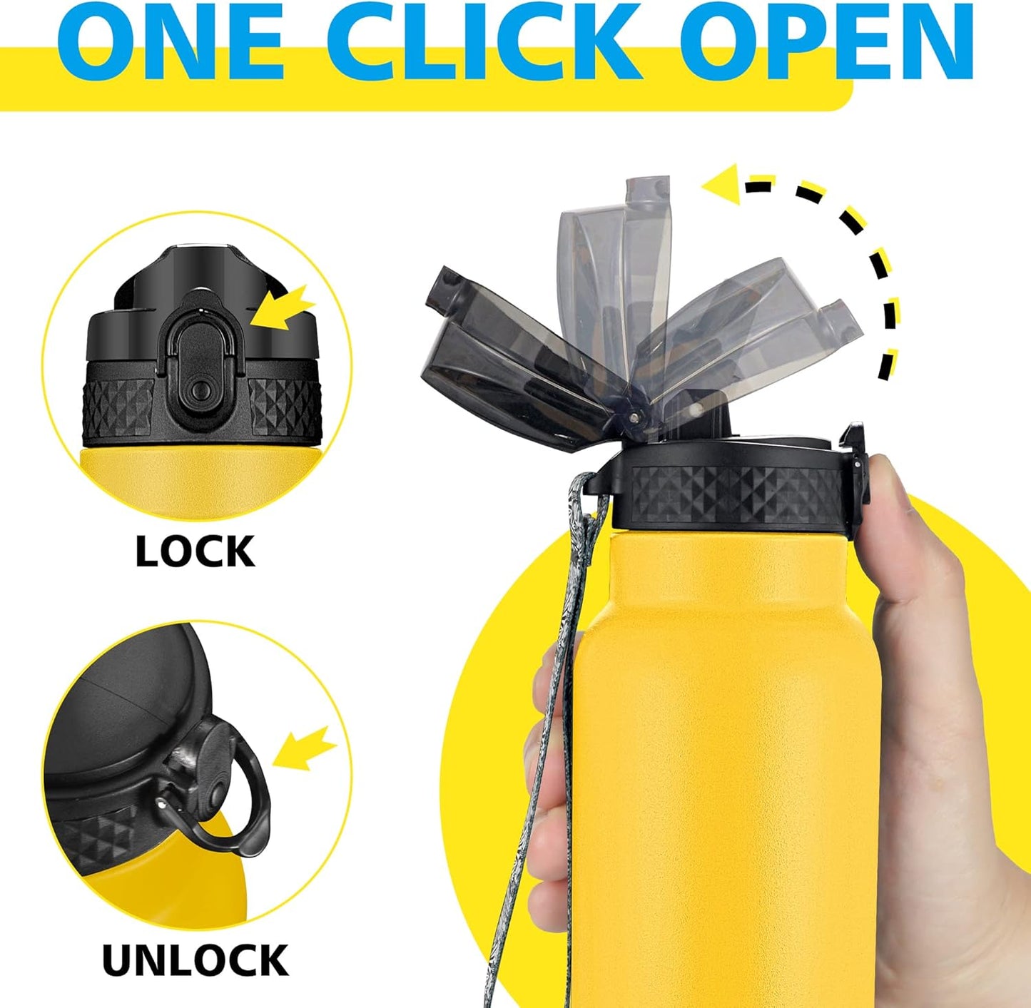 Han's Bottle Sports Water Bottle - 24 Oz, Straw Lid, Leak Proof, Vacuum Insulated Stainless Steel, Double Walled, Thermo Mug,Black