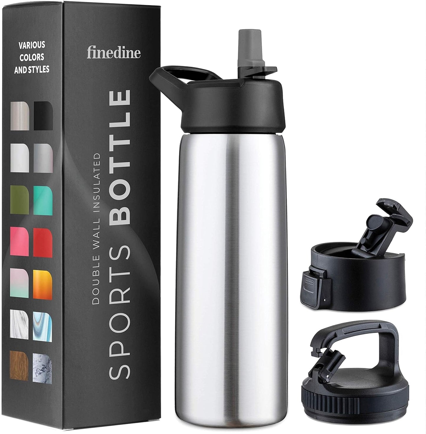 FineDine Water Bottle - Stainless Steel Insulated Water Bottle with Straw Lid, Flip Lid & Wide-Mouth Cap - Keeps Hot and Cold - 25 Oz / 739ml - Dreamy Purple