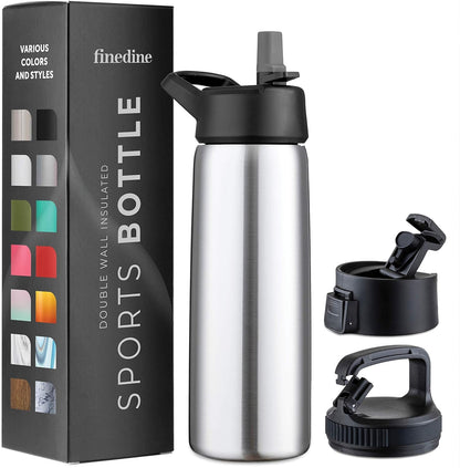 FineDine Water Bottle - Stainless Steel Insulated Water Bottle with Straw Lid, Flip Lid & Wide-Mouth Cap - Keeps Hot and Cold - 25 Oz / 739ml - Dreamy Purple
