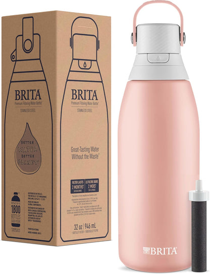 Brita Stainless Steel Premium Filtering Water Bottle, BPA-Free, Reusable, Insulated, Replaces 300 Plastic Water Bottles, Filter Lasts 2 Months or 40 Gallons, Includes 1 Filter, Rose - 32 oz