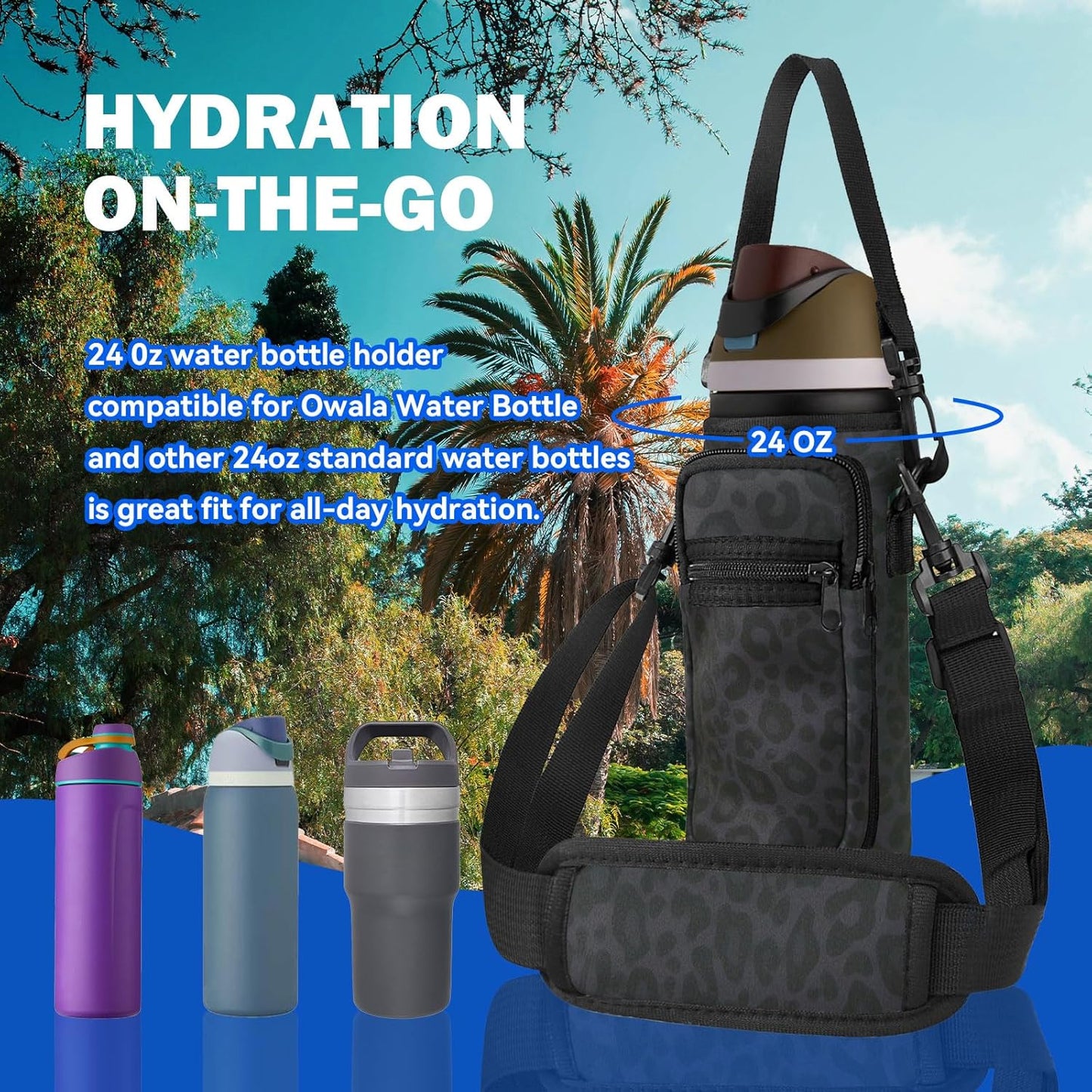 Neoprene Water Bottle Holder Bag with Cell Phone Pocket Compatible with Owala FreeSip 24 oz，Water Bottle Carrying Bag ，with Adjustable Shoulder Strap,for 24oz Stainless Steel Water Bottle