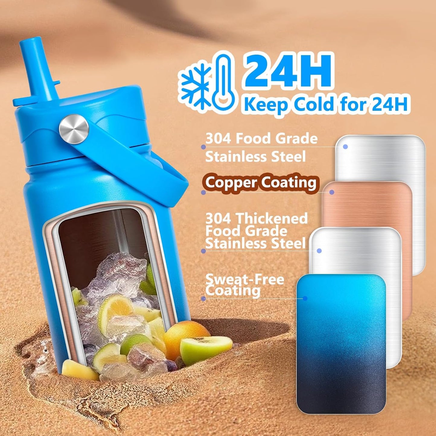 Insulated Water Bottle with Lid & Boot & Stickers, 24 oz Stainless Steel Sweat Free Bottle Keep Cold 24H, BPA-Free Sports Wide Mouth Water Bottle, BlueBlack