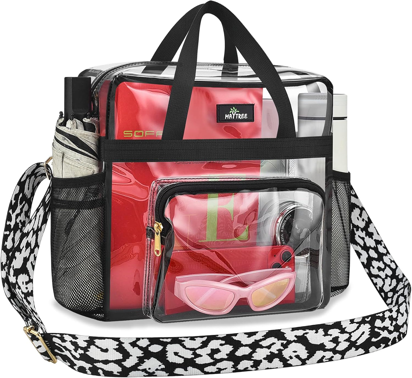 MAY TREE Clear Bag for Stadium Events, 12×5.5×12 Clear Tote Lunch Bag with Non-detachable Reinforced Straps for Work, Sporting Events and Gym, Black