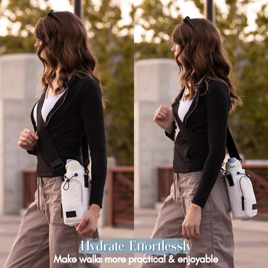 Water Bottle Holder with Strap & Pocket – Crossbody Water Bottle Carrier - Fits 16 to 32 oz Bottles