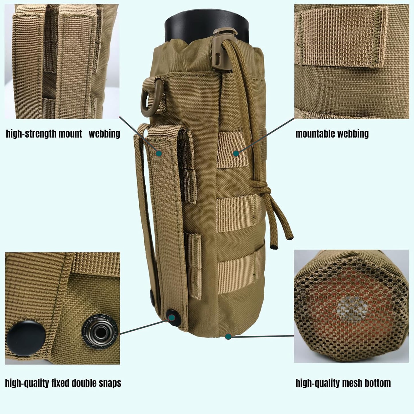Tactical MOLLE Water Bottle Holder, Upgraded Water Bottle Pouch with Drawstring Open Top & Mesh Bottom, 16/24/25/32oz Water Bottle Carrier Bag with D-Ring Hook for Backpack