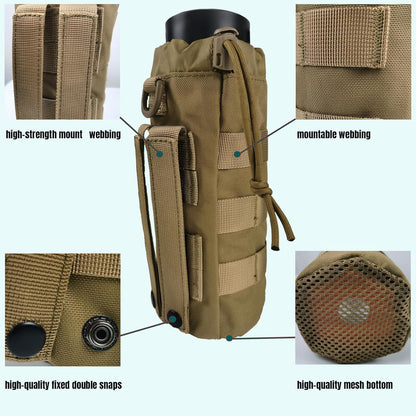 Tactical MOLLE Water Bottle Holder, Upgraded Water Bottle Pouch with Drawstring Open Top & Mesh Bottom, 16/24/25/32oz Water Bottle Carrier Bag with D-Ring Hook for Backpack