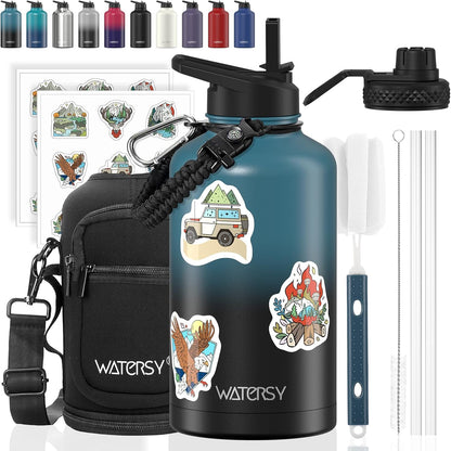 40oz Insulated Water Bottle (Cold for 48 Hrs),BPA Free&Leak Proof,Stainless Steel Water Flask,Water Jug with Straw Spout Lids for Gym,Hiking,Travel,Black Blue