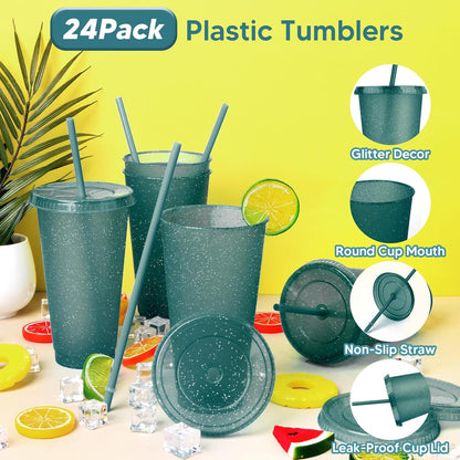 24 Pack Plastic Tumblers with Lids and Straw, Reusable Cups with Lids and Straws Colorful Cups for Cold Drink Iced Coffee, Plastic Tumbler Bulk for Party Birthday Gifts (24 oz, Stylish Colors)