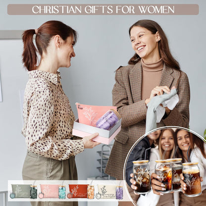 Fumete 4 Sets Christian Gifts for Women Church Gifts Set 16oz Bible Verse Glass Cup Religious Makeup Cosmetic Bags Prayer Tumbler Keychain for Study Group Sunday School God Teacher(Bright Morandi)