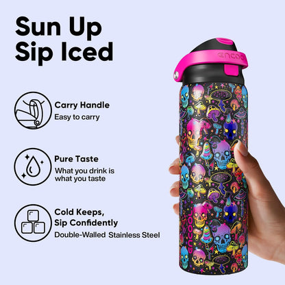 ENCOOL Leakproof Insulated Water Bottle with Straw Dual-Sip Water Bottle Bag-Safe Design for Work, Commute & Gym – Keeps Drinks Cold All Day, 24 oz, Lemonade Pink - Colors B