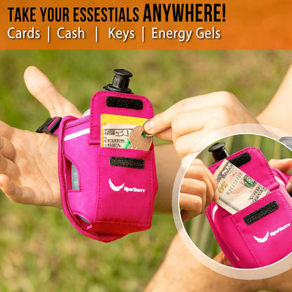 2-in-1 Running Fun: Handheld 12 Oz Water Bottle & Running Belt Add-On. No-Grip Design Straps on Hand & Slides on Belt. Waterproof Pocket for Money, Keys. Maximize Time, Freedom & Health