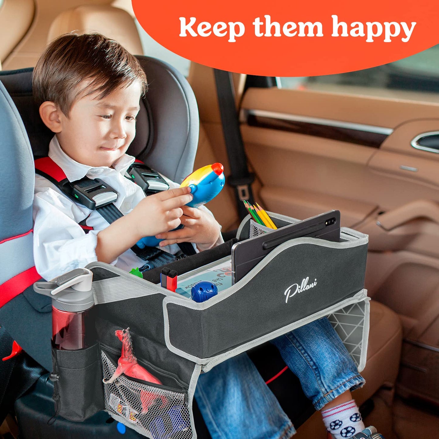 PILLANI Kids Travel Tray for Car - Car Seat Tray with Activity Sheets & Pens, Road Trip Essentials for Car & Airplane, Must Have Toddler Travel Lap Desk Accessories - Road Trip Activities for Kids