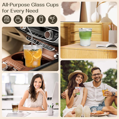 13oz Iced Coffee Cups,2Pcs Glass Cups with Lids and Straws Drinking Glasses,Clear Ribbed Glassware,Reusable Tumbler Glass to Go Cup for Matcha, Iced Tea,Juice