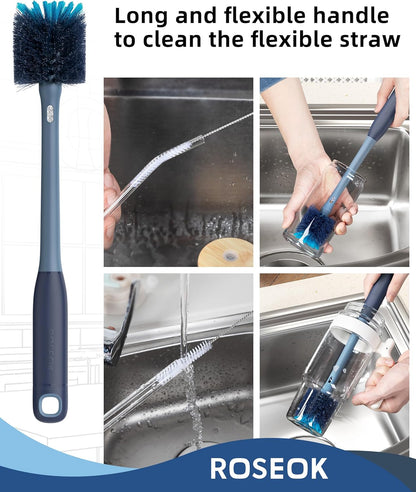 ROSEOK 2 in 1 Long Handle Bottle Brush with Straw Brush for Cleaning Glass, Sports Bottle, Coffee Mug,Navy Blue,1 Pack