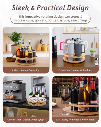 Rotating Wood Tumbler Organizer, 30 oz 40 oz Spinning Turnable Tumblers Holder, 360° Rotatable 7 Large Cups Bottle Tumbler Storage Display Stand, Rotate Syrup Organizer for Cabinet Countertop